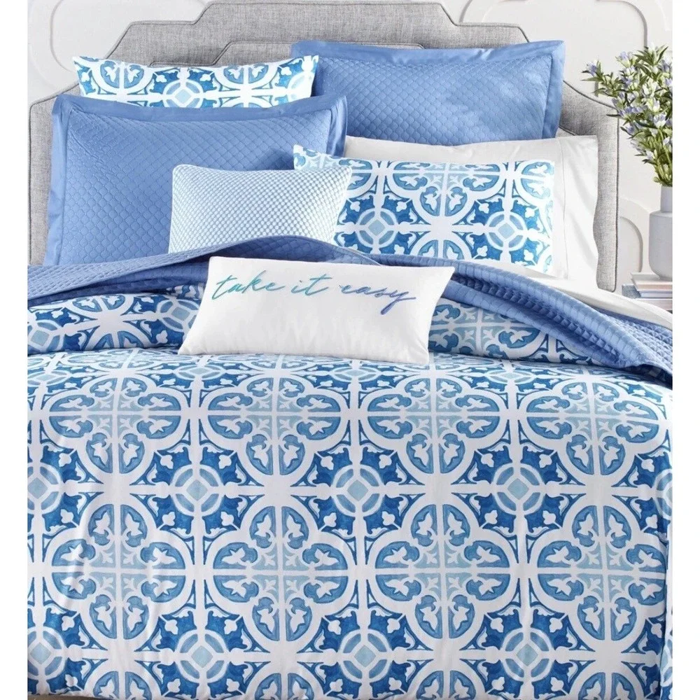 Charter‎ Club Painted Tile Euro Shams Set Blue White Boho Coastal Cotton Beach
